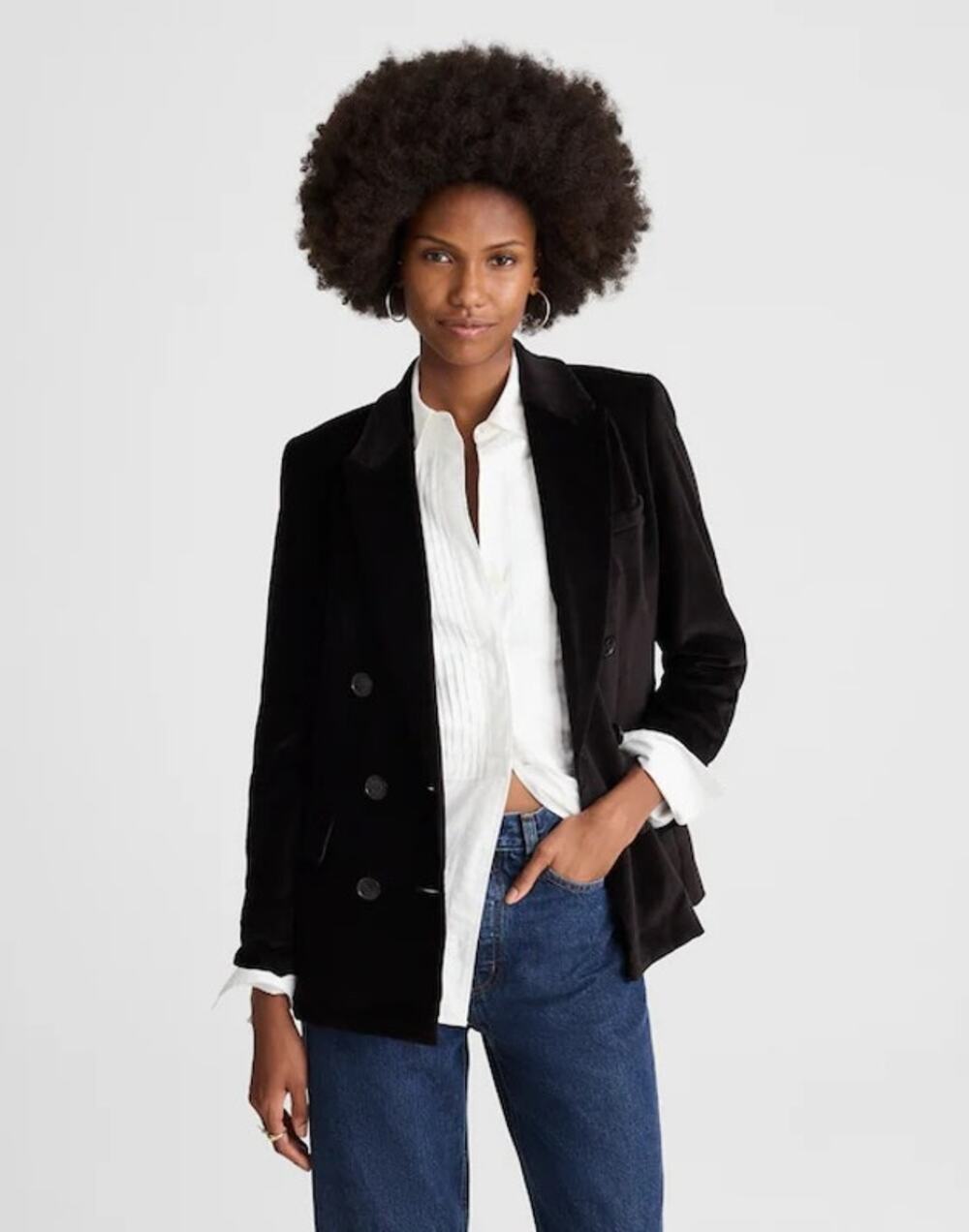 Madewell Peak-Lapel Double-Breasted Blazer in Velvet Classic Black XXS NWT